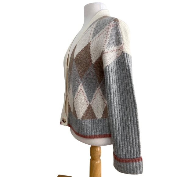 Vintage style Womens Argyle oversized crop Cardigan Sweater V-Neck Button-Up XS - Picture 4 of 16